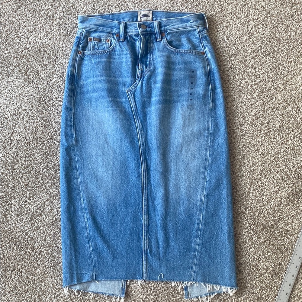 Polo Ralph Lauren Blue Denim Distressed ButtonFly Midi Skirt. Size25 NWOT